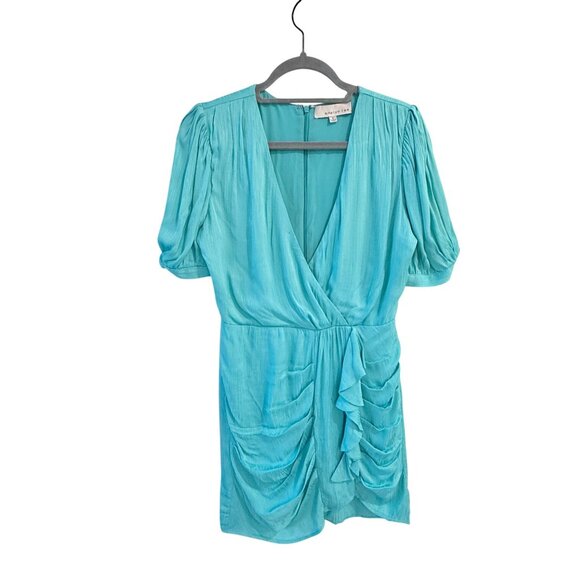 Adelyn Rae Teal Mini Dress Puff Sleeves V-Neck Draped Ruching Size S - Picture 4 of 6